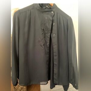 Black Button-Up Blouse with Floral Embroidery